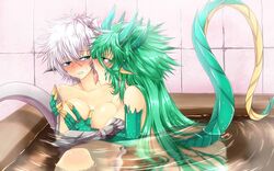 2girls ass bathroom bathtub blue_eyes blush breast_grab breasts claws collarbone dragon_ears dragon_girl dragon_horns dragon_tail female female_admiral_(kantai_collection) g_(desukingu) g_(genesis1556) grabbing green_eyes green_hair hand_on_breast horns hug kantai_collection karutia large_breasts licking long_hair monster_girl multiple_girls nude partially_submerged scales scar shared_bathing short_hair silver_hair tail tile_wall tiles tongue tongue_out tsubasa_ryuuji very_long_hair water yuri