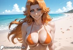 1girls ai_generated anime beach big_ass big_breasts bleach blue_eyes bulimba long_hair matsumoto_rangiku orange_hair