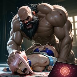 ai_generated beard beaten black_hair capcom closed_eyes crying cum_in_pussy dominant_male erect_nipples face_down fertilization gritted_teeth hand_on_head huge_male impregnation intense_sex massive_cumshot muscular_male narrowed_eyes prone rape ripped_clothing screaming street_fighter trembling unwanted_creampie unwanted_impregnation white_skin