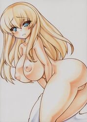 areolae bent_over bismarck_(kantai_collection) blonde_hair blue_eyes breasts collarbone female huge_breasts innie_pussy kantai_collection long_hair looking_at_viewer marker_(medium) nipples nude pussy simple_background solo standing thick_thighs traditional_media uncensored yutakasan-love