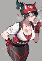 ai_generated asian asian_female bent_over cleavage fellatio_gesture green_hair japanese_female kiriko_(overwatch) large_breasts leaning_forward nail_polish overwatch saliva seductive seductive_look tongue tongue_out trembling