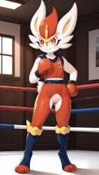 1girls 2025 ai_generated anthro blushing boxing boxing_gloves cinderace crotchless digitigrade female female_only generation_8_pokemon hi_res indoors innie_pussy looking_at_viewer nintendo orange_eyes pokemon pokemon_(species) pussy rabbit red_fur smile white_fur