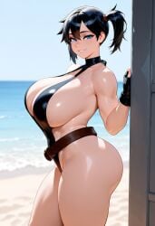 ai-created ai_generated ass asymmetrical_hair bangs bare_shoulders beach belt bikini black_gloves black_hair black_one-piece_swimsuit black_swimsuit blue_eyes blue_sky blush breasts cleavage clothing cloud curvaceous day female female female_only fingerless_gloves gloves grin highleg huge_ass huge_breasts kasumi_(pokemon) kasumi_(pokemon) large_ass large_breasts looking_at_viewer loose_belt misty_(the_electric_tale_of_pikachu) mole navel ocean one-piece_swimsuit outdoors parted_lips pokemon pokemon:_the_electric_tale_of_pikachu pokemon_character ponytail shiny_skin short_hair side_ponytail sideboob skindentation sky smile solo standing swimsuit the_electric_tale_of_pikachu thick_ass thick_thighs thighs tied_hair water wide_hips
