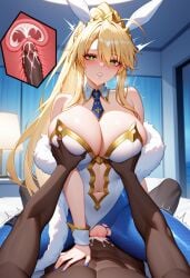 1girls ai_generated artoria_pendragon artoria_pendragon_(swimsuit_ruler) blonde_hair blue_legwear blue_pantyhose bunnysuit clothing cowgirl_position cross_section cum_in_pussy dark-skinned_male deep_penetration degenbrecher grabbing_breasts green_eyes huge_breasts interracial light-skinned_female light_skin long_hair pantyhose saliva sex trembling