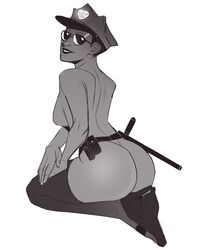 ass belt big_ass breasts butt_crack dark-skinned_female dark_skin dat_ass eyewear female female_only fruit_basket_(jamesab) greyscale high_heels human jamesab joy_winslow_(jamesab) kneeling looking_back medium_breasts monochrome original_character police police_hat smile solo sunglasses thighhighs white_background