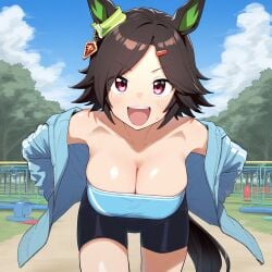 ai_generated animal_ears black_hair female horse_girl red_eyes skin_tight umamusume umamusume_pretty_derby winning_ticket_(umamusume) workout_clothes