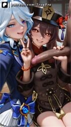 2girls ai_generated big_penis clothed clothed_female_nude_male dark-skinned_male furina_(genshin_impact) genshin_impact handjob hu_tao_(genshin_impact) looking_at_viewer nail_polish penis selfie smile testicles threesome trugprz v_sign