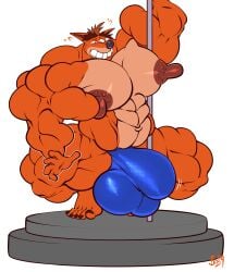 10s 1boy 2019 2d 5_fingers 5_toes anthro bandicoot bara big_nipples blue_thong bulge crash_(series) extrasizedbob fake_crash male male_only marsupial orange_fur pole puffy_nipples solo squatting thong video_games