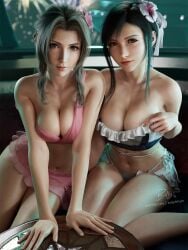 2girls aerith_gainsborough aerith_gainsborough_(pink_mermaid) bikini bikini_skirt billyhhyb black_hair breasts ferris_wheel_interior final_fantasy final_fantasy_vii final_fantasy_vii_rebirth final_fantasy_vii_remake flower frilled_bikini frills hair_flower hair_ornament highres leaning_forward long_hair looking_at_viewer multiple_girls official_alternate_costume pink_bikini sitting swimsuit thighs tifa_lockhart tifa_lockhart_(shining_spirit) white_bikini