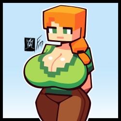 1girls alex_(minecraft) alternate_version_available arms_behind_back big_breasts brown_pants cleavage clothed clothing expressionless female female_only fungus-man green_eyes green_shirt huge_breasts light-skinned_female light_skin long_hair minecraft orange_hair pants self_upload side_ponytail solo solo_female tagme wide_hips