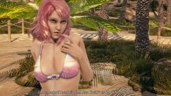 alisa_bosconovitch android bikini breasts caption cleavage english_text green_eyes heels looking_at_viewer pink_hair robot_girl sand small_breasts tan_body tanline tekken tekken_8 two_tone_hair