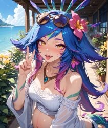 ai_generated blue_eyes blush breeding casual casual_clothes eyes fangs flower_in_hair glasses league_of_legends lol looking_at_viewer love_juice medium_breasts multicolored_body multicolored_hair neeko peace peace_pose pose pregnant sacredstar saliva short_hair tagme tail yellow_eyes