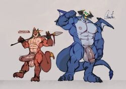 abs absurd_res accessory adventurer_(vorusuarts) anklet anthro balls big_balls big_pecs big_penis blue_body blue_eyes dragon duo flexing flexing_bicep furgonomics genitals hi_res huge_cock humanoid_genitalia humanoid_penis jewelry kobold looking_at_viewer male melee_weapon model_sheet muscular muscular_anthro muscular_male muscular_thighs mythological_creature mythological_scalie mythology pecs penis polearm red_body scalie small_wings smile smiling_at_viewer spear tail tail_accessory tail_bracelet tail_jewelry tempered_kobold_(vorusuarts) thick_thighs vein veiny_penis vorusuarts wave weapon wings