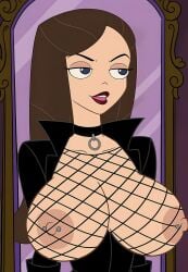 ai_generated big_breasts black_jacket brown_hair choker dark_clothing dark_lipstick fishnet_clothing goth goth_girl gothic huge_breasts mirror phineas_and_ferb pierced_nipples presenting_breasts seductive_look vanessa_doofenshmirtz