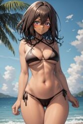 1girl ai_generated arms_at_sides ass_visible_through_thighs bangs bare_arms bare_shoulders beach bikini bikini_bottom bird black_bikini black_swimsuit blue_sky blush breasts brown_hair cameltoe clavicle cleavage closed_mouth clothing cloud criss-cross_halter dark-skinned_female dark_skin day female female_only hair_between_eyes halterneck horizon large_breasts looking_at_viewer mana_(yu-gi-oh!) medium_breasts medium_hair navel ocean original outdoors palm_tree red_eyes red_nails rena_aikawa_(pixiv_user) sand side-tie_bikini side-tie_bikini_bottom side-tie_clothing side-tie_swimsuit skindentation sky smile solo standing stomach string_bikini swimsuit thigh_gap thighs tree water yu-gi-oh! yu-gi-oh!_duel_monsters