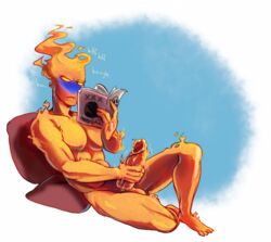 abs anthro balls bara big_penis blush comic cum dick fire gaster grillby magazine male male_only masturbation muscle muscles muscular nude orange_body pecs penis simple_background tagme undertale undertale_(series)