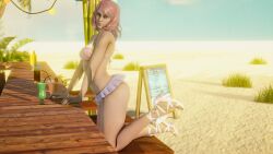 alisa_bosconovitch android ass bikini breasts cleavage green_eyes heels kneeling looking_at_viewer pink_hair robot_girl sand small_breasts tan_body tanline tekken tekken_8 two_tone_hair