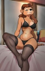 ai_generated black_panties bra female lingerie panties rebecca_cunningham sitting_on_bed sliceoffurry solo stockings talespin ursine