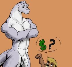 abs anthro blonde_hair crossed_arms currency_symbol dinosaur dollar_sign duo eye_contact foreskin genitals gesture hair half-erect hand_gesture looking_at_another looking_down_at_another looking_up_at_another male male/male mammal muscular mustelid navel orange_background otter pandottermon penis pointing pointing_at_penis prehistoric_species question_mark reptile scalie simple_background speech_bubble symbol tall