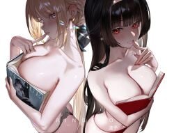 2girls astra_yao big_breasts black_hair black_lingerie blonde_hair blush book book_covering_breasts cleavage covering_breasts earrings evelyn_chevalier fair_skin finger_on_lip headband hoyoverse light-skinned_female light_skin lingerie lingerie_panties looking_at_viewer meme meme_reference mihoyo ouch_meme panties purple_eyes red_eyes red_lingerie red_nails ringeko_chan zenless_zone_zero