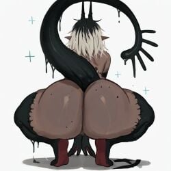 ass bad_link breasts colored_skin dark_skin female horns huge_ass monster_girl original simple_background small_breasts solo sparkle splashy_(worldgore) tail worldgore