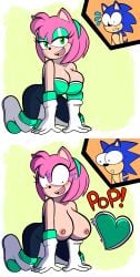 amy_rose bodysuit breasts_out dnix horny_female makeup neckline rouge_the_bat_(cosplay) seductive_look sonic_(series) sonic_the_hedgehog spandex_suit wardrobe_malfunction