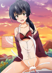 1girls 2d artist_request black_hair blood blush bra breasts brown_eyes censored cleavage clothed_sex clothing cowgirl_position cum cum_in_pussy cum_inside female female_on_top fence flower impregnation long_hair looking_at_viewer lovepon male male_pov mayoiga moon open_mouth outdoors ovum penetration penis ponytail pov pussy red_bra see-through see-through_clothing see-through_shirt see-through_top sex shirt sky sperm_cell spread_legs straddling sunflowers tears tied_hair underwear vaginal_penetration virgin x-ray yellow_eyes