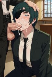 1boy 1girls ai_generated airiakane balls big_balls big_penis blowjob blue_eyes blush chainsaw_man cum cum_explosion cum_in_mouth cum_on_face cum_overflow cum_overflowing cumshot cumshot_in_mouth deepthroat excessive_cum eyepatch gigantic_breasts green_hair himeno_(chainsaw_man) huge_balls huge_breasts huge_cock light-skinned_female light-skinned_male light_skin massive_breasts mature_female milf nai_diffusion oral_sex penis short_hair shounen_jump squatting sweat sweatdrop thick_body thick_female veiny_penis voluptuous voluptuous_female