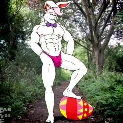 1:1 2018 abs anthro bent_leg biped blue_eyes bow_tie buckteeth bulge closed_smile clothing digital_media_(artwork) easter easter_bunny easter_egg eyebrows fabfelipe fur hair hi_res holidays lagomorph leporid male male_only mammal mouth_closed muscular muscular_anthro muscular_male navel nipples pink_clothing pink_eyebrows pink_hair pink_thong pink_underwear purple_bow_tie rabbit smile solo teeth thong underwear whiskers white_body white_fur