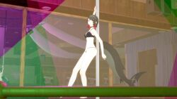 alternate_costume annoyed_expression black_bra black_panties dancing ellen_joe koikatsu lingerie nightclub pole_dancing red_eyes shark_tail thiren two-tone_hair zenless_zone_zero
