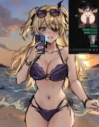 ai_assisted ai_generated beach beach_background bikini bikini_only cum dark-skinned_male dark_skin donald_trump fischl_(genshin_impact) full_body full_nelson genshin_impact hoyoverse meme meme_in_the_background meme_reference message mihoyo mona_(genshin_impact) nay_juno nude sticker sticker_template sunglasses sunglasses_on_head sunlight threat threatening whatsapp