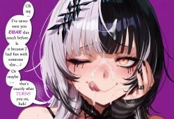 2d after_fellatio ai_assisted ai_generated black_hair black_nails blush cum cum_in_mouth facial fellatio hand_on_own_face hi_res hololive hololive_english icosilveraiart licking licking_lips makeup one_eye_closed oral ring runny_makeup shiori_novella text text_bubble tongue tongue_out two_tone_hair white_hair yellow_eyes