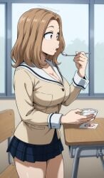 ai_generated big_breasts blonde_hair boku_no_hero_academia brown_eyes camie_utsushimi eating holding huge_breasts my_hero_academia school_uniform skirt thighs