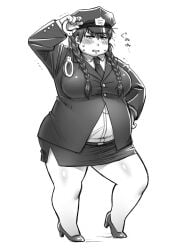 bbw big_breasts blush braided_hair braids canon_genderswap clenched_teeth embarrassed fat female female_only full_body fully_clothed genderswap_(mtf) gintama handcuffs high_heels hijikata_tenko hijikata_toshiro inukkoro long_hair miniskirt monochrome official_alternate_costume overweight overweight_female police_hat police_uniform policewoman rule_63 solo standing sweat thick_thighs twin_braids