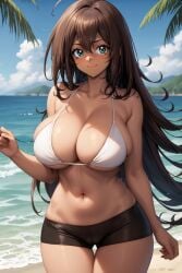 1girl ahoge ai_generated bangs bare_arms bare_shoulders beach bike_shorts bikini black_shorts blue_sky blush boyshorts breasts brown_hair cameltoe clavicle cleavage closed_mouth clothing cloud cloudy_sky collarbone dark-skinned_female dark_skin day female female_only green_eyes hair_between_eyes horizon large_breasts long_hair looking_at_viewer mana_(yu-gi-oh!) midriff mountainous_horizon navel ocean outdoors palm_tree rena_aikawa_(pixiv_user) sand shiny_skin shore short_shorts shorts skindentation sky smile solo standing stomach sunlight swimsuit tanned thigh_gap thighs tree underboob very_long_hair water white_bikini white_swimsuit yu-gi-oh! yu-gi-oh!_duel_monsters