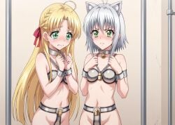 2girls ai_generated asia_argento benmccannon_(artist) blonde_hair chastity_belt chastity_device high_school_dxd koneko_toujou metal_bra silver_hair