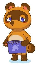 animal_crossing anthro apron barefoot blue_eyes blush fur furry half-closed_eyes looking_at_viewer male male_only mammal nintendo pawpads paws procyonid raccoon round_ears sakusan_kc slightly_chubby solo standing testicles tom_nook