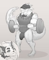 absurd_res alligator alligatorid anthro aroused big_tail bulge canid canine canis clothing crocodilian domestic_dog duo exercise exhibitionism fangs hat headgear headwear hi_res husky jockstrap male mammal nordic_sled_dog reptile scales scalie spitz stare tail teeth tonkotsu_spicy_noodle underwear workout