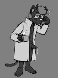 2024 animalboyfriend anthro balls beverage bodily_fluids bottomless clothed clothing coat coffee coffee_mug cum cum_drip doc_(animalboyfriend) domestic_cat dripping emanata felid feline felis genital_fluids genitals hi_res horn lab_coat male mammal monochrome penis rubbing_eyes small_penis solo tired topwear