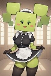 1girls 2025 ai_generated background black_eyes blush civitai cubic_body d3rmal green_body green_skin happy indoors maid maid_uniform mario_(series) mimi_(super_paper_mario) naughty_face nintendo seductive solo stockings super_paper_mario tagme window