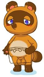 animal_crossing animal_genitalia anthro apron barefoot blue_eyes blush fur furry half-closed_eyes looking_at_viewer male male_only mammal nintendo pawpads paws penis procyonid raccoon round_ears sakusan_kc see-through sheath slightly_chubby solo standing testicles tom_nook translucent