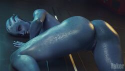 1girls 3d alien anus asari ass ass_focus bioware blue_eyes blue_skin female female_only freckles liara_t'soni looking_at_viewer looking_back mass_effect nude pussy smile solo solo_female takerskiy