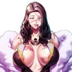 1girls areola_slip areolae arm_scar bare_shoulders black_hair blue_eyes breast_scar breasts_apart bullet_scars chest_tattoo cigar cigar_in_mouth cleavage coat cross_scar earrings face_scar female female_focus female_only forehead fur_coat game_cg green_eyes hair_behind_ear heterochromia large_breasts lips long_hair looking_at_viewer neck_scar neromashin off_shoulder open_mouth red_lips scar scar_on_arm scar_on_breasts scar_on_face scar_on_neck skull_tattoo smile smiling_at_viewer tattoo_on_chest teeth transparent_background upper_body