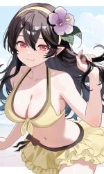 1girls bikini blush breasts cleavage corrin_(female)_(fire_emblem) corrin_(female)_(novice_vacationer)_(fire_emblem) corrin_(fire_emblem) corrin_(fire_emblem)_(female) female female_focus female_only fire_emblem fire_emblem_fates fire_emblem_heroes flower frilled_skirt front-tie_bikini hair_between_eyes hair_flower hair_ornament hairband large_breasts long_hair looking_at_viewer midriff n_54 pointy_ears red_eyes smile solo swimsuit tagme thighs