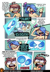 blue_hair comic dumfer female gerph one_eye_covered sharp_teeth skarp_world skarpne_(skarp_world) tagme