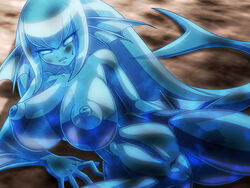 1girls abs big_breasts big_nipples breasts erect_nipples female fin goo huge_breasts marine merfolk mimizu_(tokagex) monster_girl nipples nude pussy see-through slime solo spread_legs spreading sweat sweatdrop