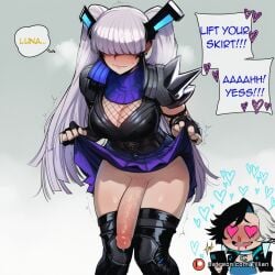 2girls ai_generated armor balls black_gloves black_hair black_thighhighs blood blush boots breasts chibi chibi_inset cleavage closed_mouth clothes_lift english_text erection female fingerless_gloves futanari gloves grey_hair hair_over_eyes heart huge_cock intersex large_breasts large_penis lifted_by_self long_hair luna_snow luna_snow_(marvel_rivals) magik_(marvel_rivals) magik_(punkchild) marvel marvel_rivals multicolored_hair multiple_girls no_panties nose_blush nosebleed pauldrons penis precum scarf shoulder_armor skirt skirt_lift solo_focus speech_bubble spikes testicles thigh_boots thighhighs tillian trembling twintails two-tone_hair uncensored veins veiny_penis wavy_mouth white_hair