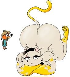 anthro ass ass_up big_butt black_hair bulge cheek_tuft domestic_cat duo epic_games erection erection_under_clothes eye_scar facial_scar facial_tuft felid feline felis fish fishstick_(fortnite) fortnite fur fur_tuft hair hi_res itz_not_v male mammal marine meowdas nude_male paws scar simple_background solo_focus tail tuft white_background white_body white_fur