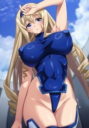 arm_up blonde_hair blue_eyes blue_hairband blue_leotard blue_sky blush breasts cecilia_alcott covered_erect_nipples covered_navel drill_hair female hairband highleg highleg_leotard highres huge_breasts infinite_stratos leotard long_hair mecha_pilot_suit open_mouth outdoors shiny_skin skin_tight skindentation sky solo standing taut_clothes thighhighs very_long_hair yoohi