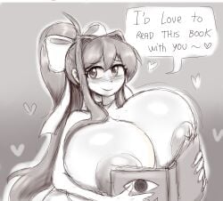 1girls 2025 areola areolae big_breasts blush book book_covering_breasts breasts breasts_bigger_than_head cleavage covering_breasts dialogue dialogue_bubble doki_doki_literature_club english_text female female_only heart hi_res high_resolution highres human human_only long_hair meme metachoke monika_(doki_doki_literature_club) ponytail sketch smile solo solo_female speech_bubble talking_to_viewer